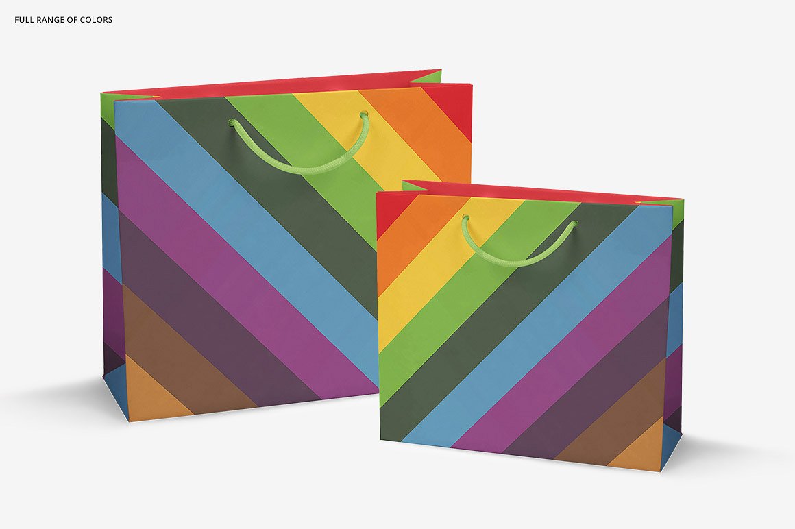 Colorful paper bag mockups in four sizes