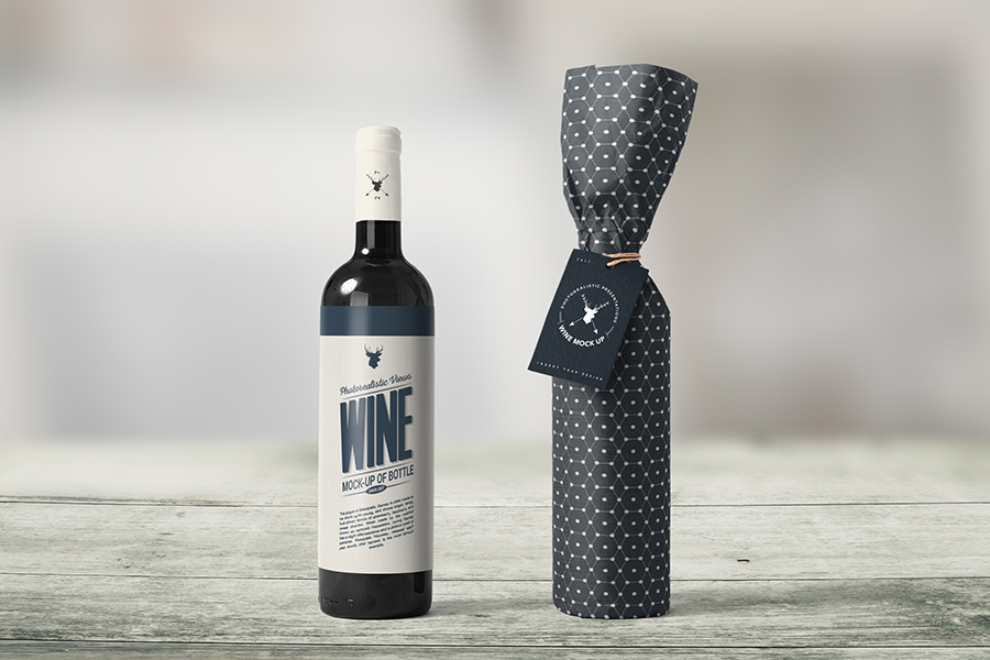 A wine bottle in wrapping paper mockup