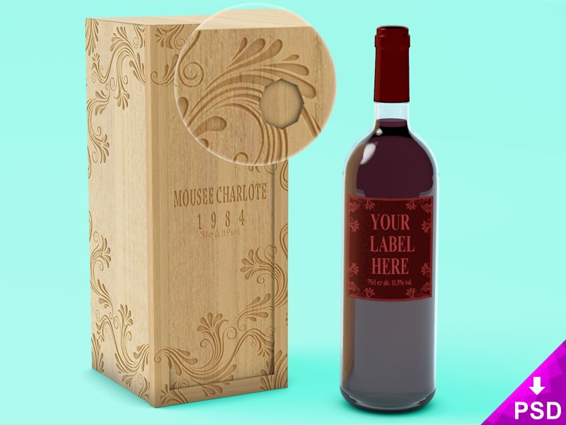 A wine bottle with wooden case mockup