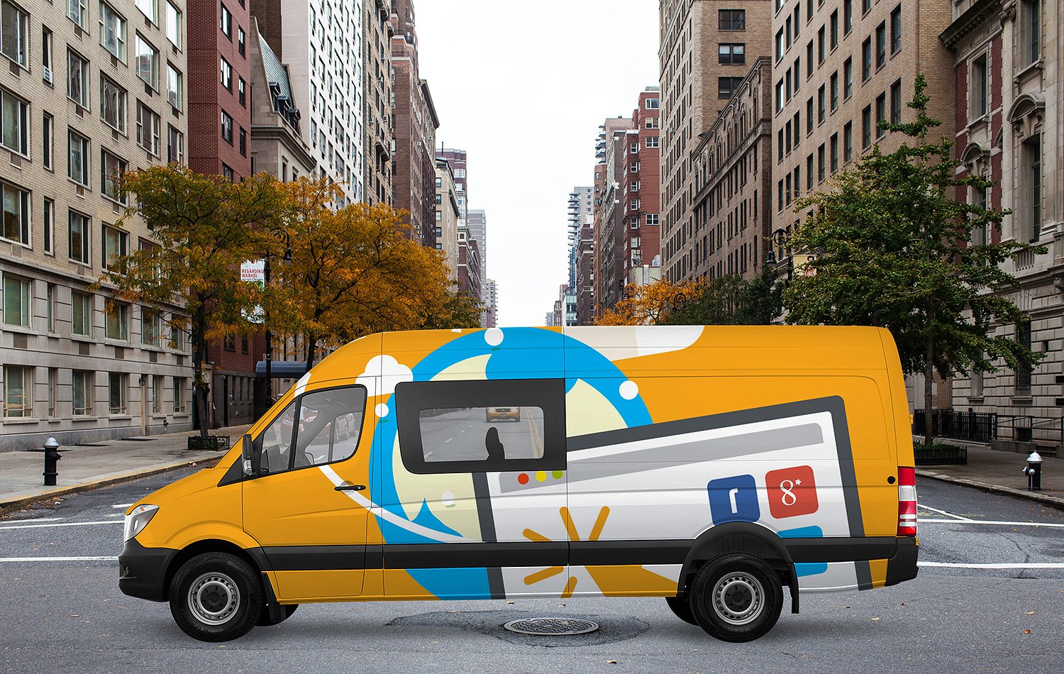 A yellow van in the city mockup