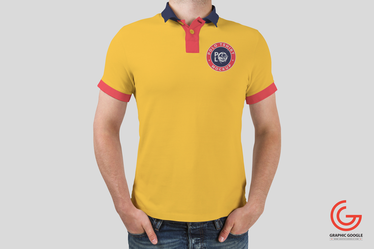 Free man wearing a yellow polo shirt mockup