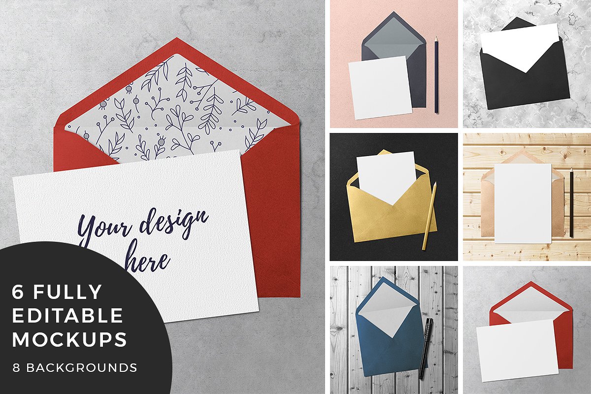 A greeting card and envelope mockup templates