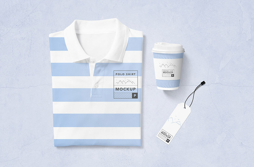Free blue and white polo shirt and cup mockups