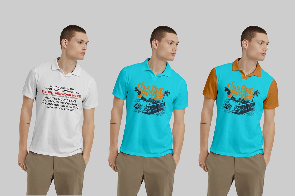 Three same men with polo shirt mockups