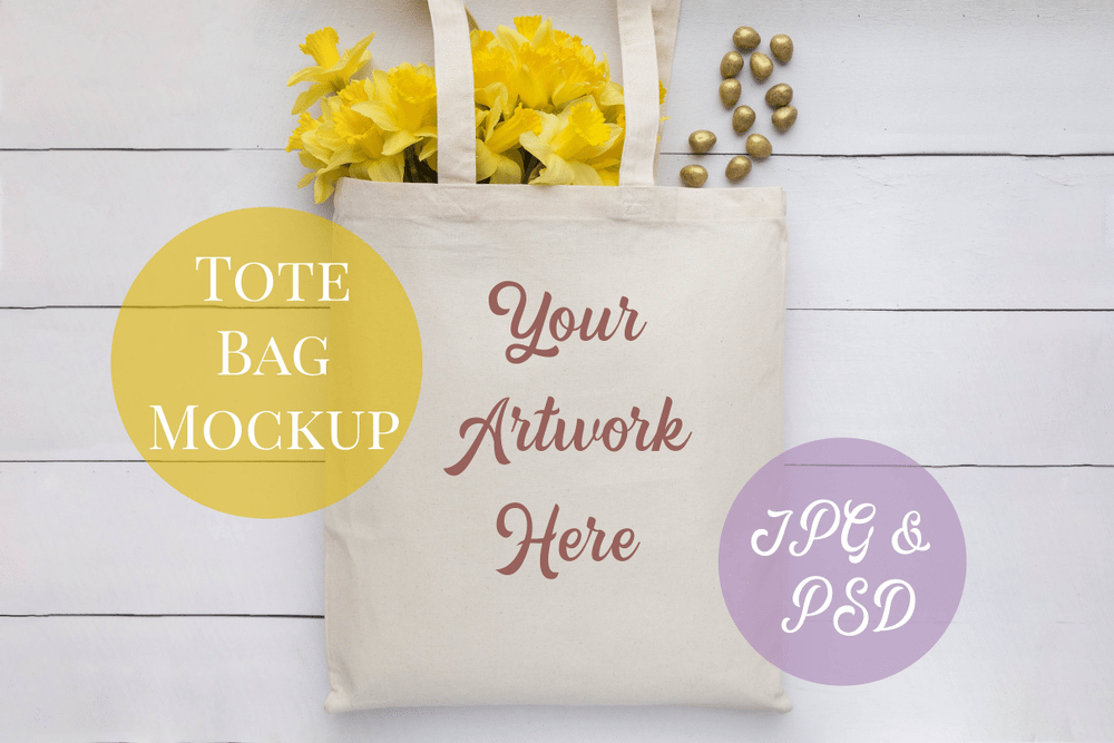 Tote bag mockup with bunch of flowers