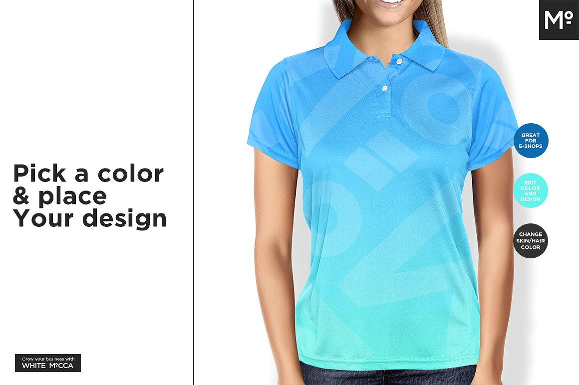 Women wearing blue polo shirt mockup