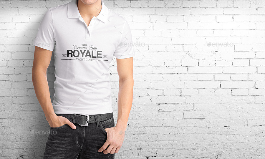 Man with polo shirt by brick wall mockup