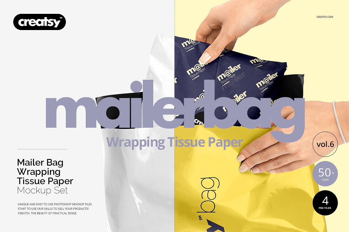 A mailer bag wrapping tissue paper mockup set