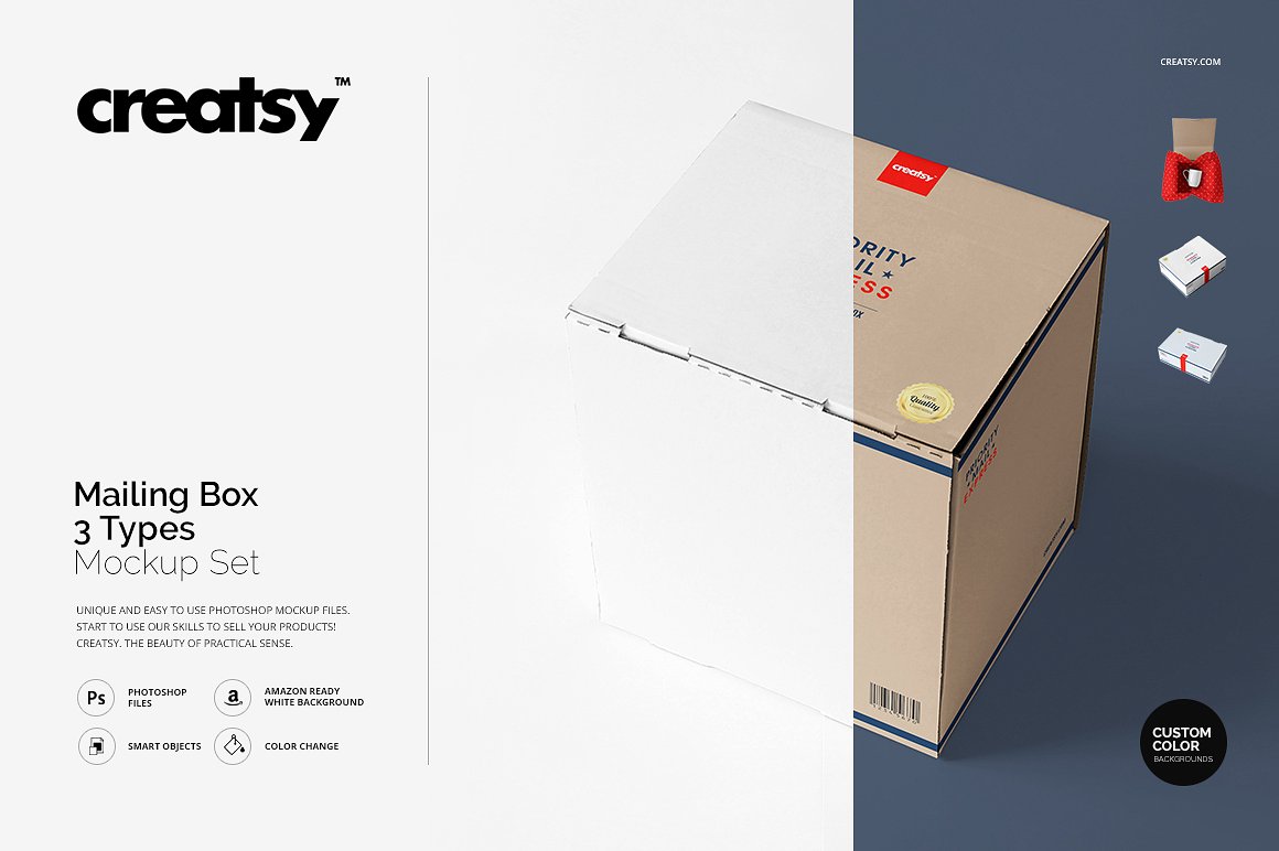 A mailing box in three types mockup set