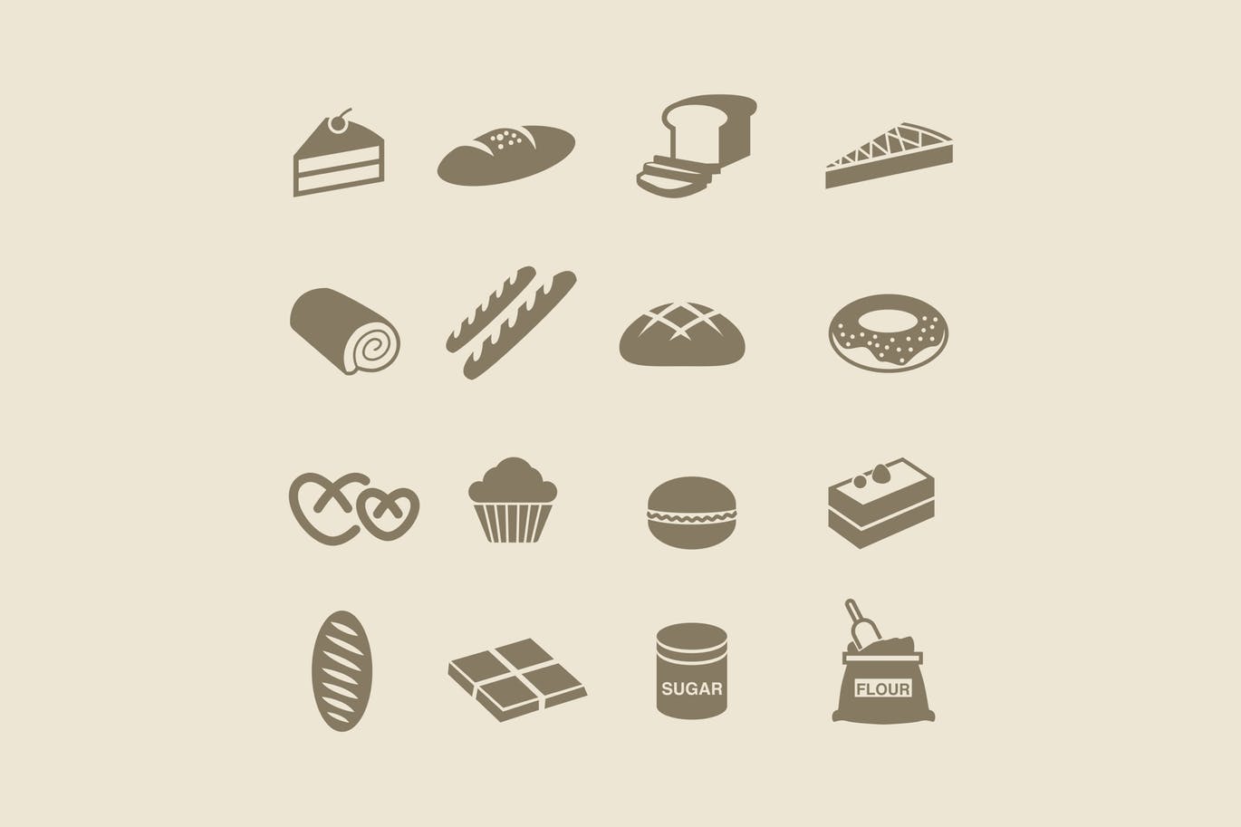 Dark bread and patisserie icon set