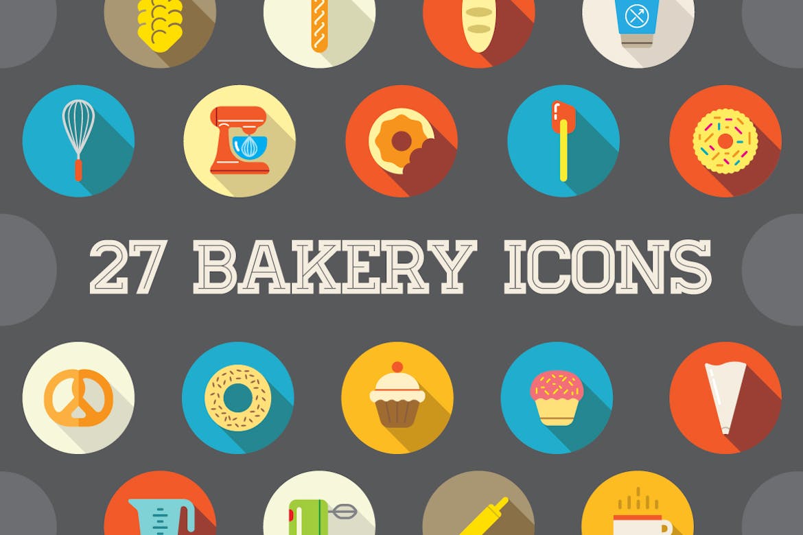 Vector flat bakery icons with long shadow
