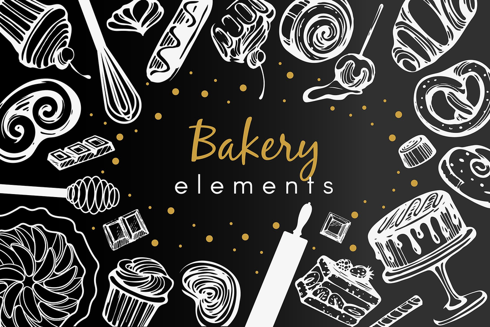 Doodle bakery icons on black background