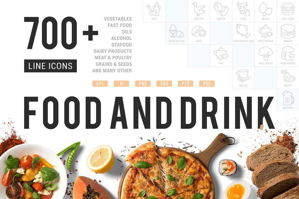 A bunch of food and drink linear icons