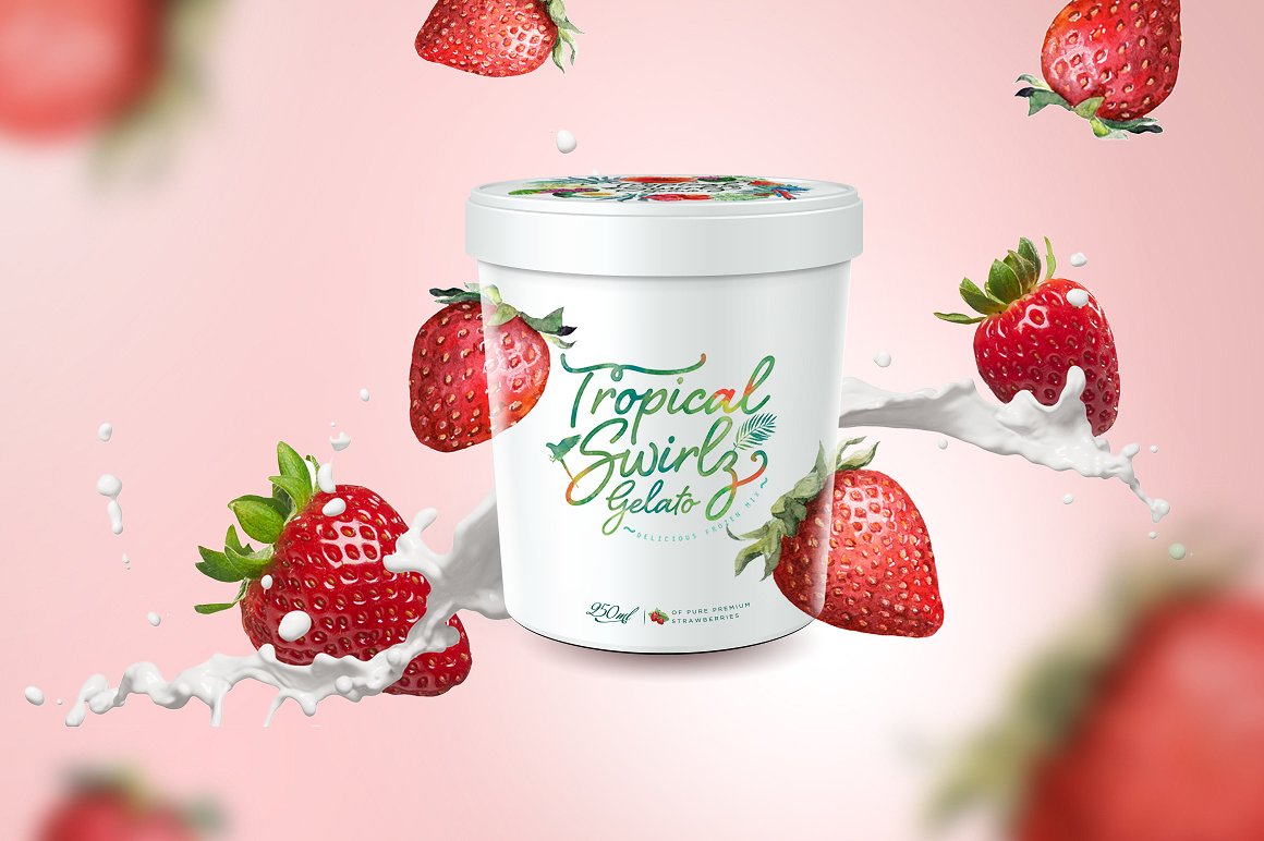 Ice crem branding mockup with floating strawberries