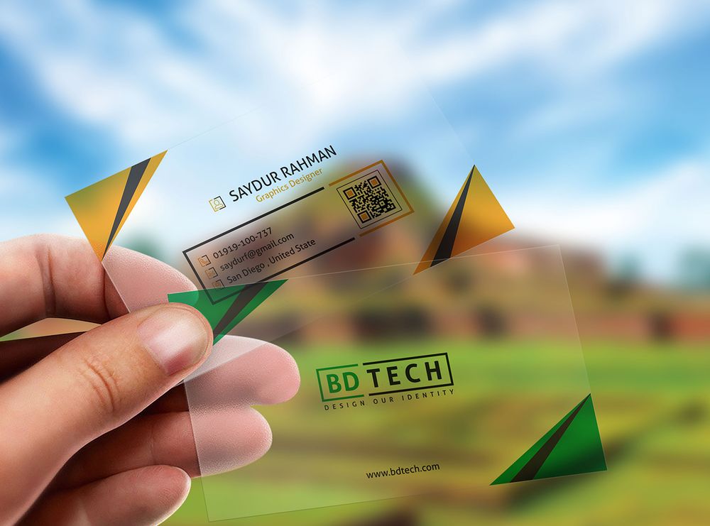 Transparent business cards in hand mockup