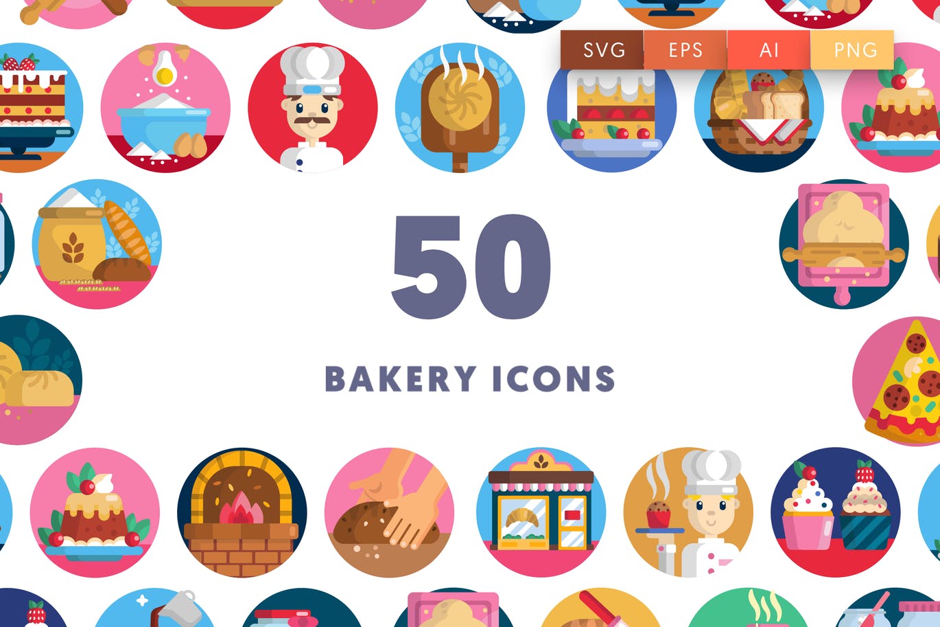 Fifty colorful flat bakery icons