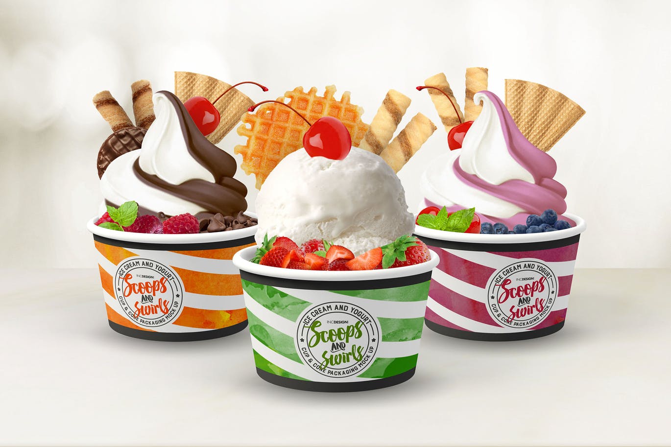 Ice cream cups mockup in different colors