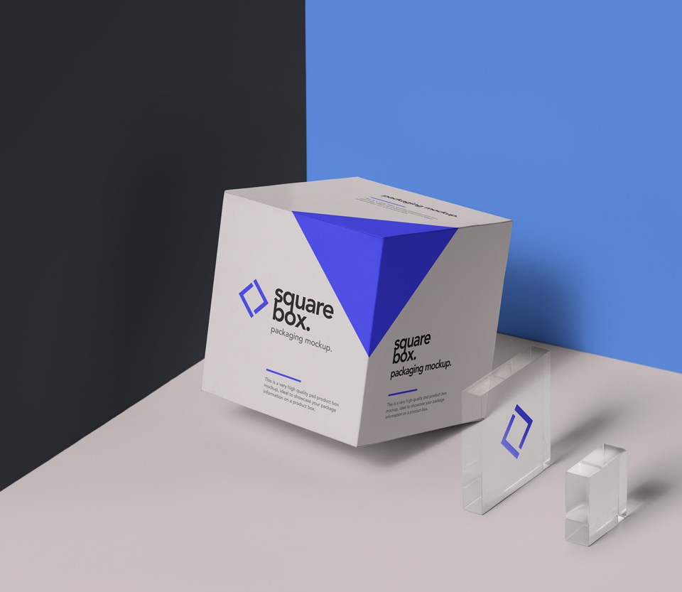 Square box in blue and white mockup