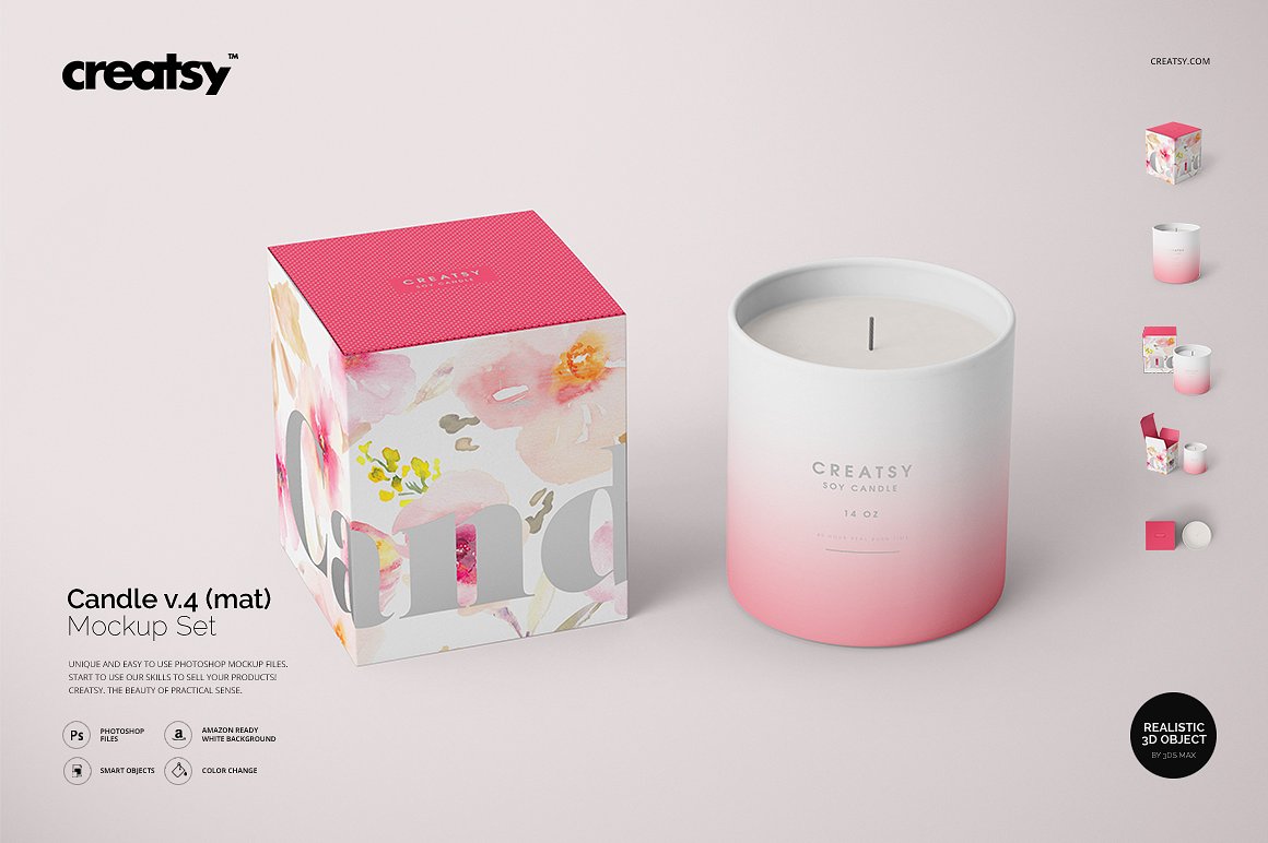 Mat candle and box mockup set