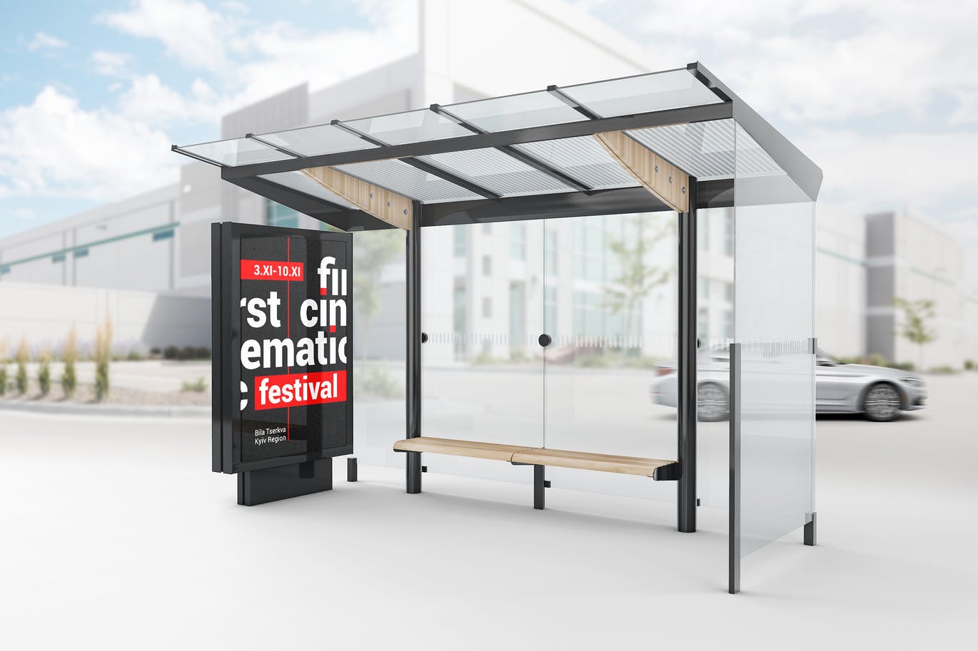 A bus stop with lightbox mockup template
