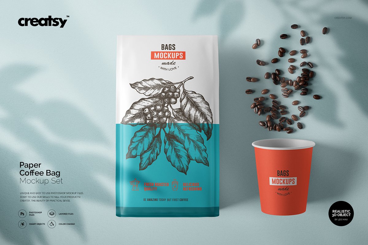 A paper coffee bag mockup set