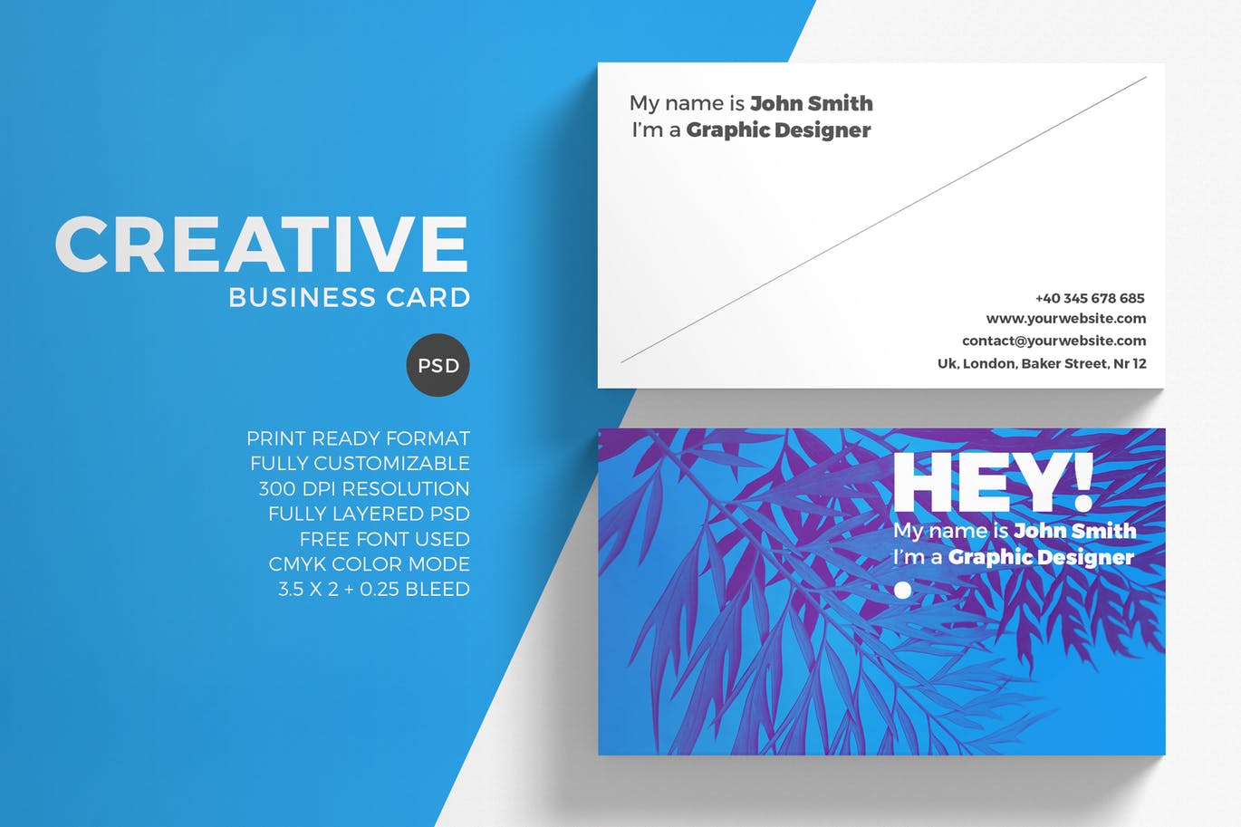 White and blue business card