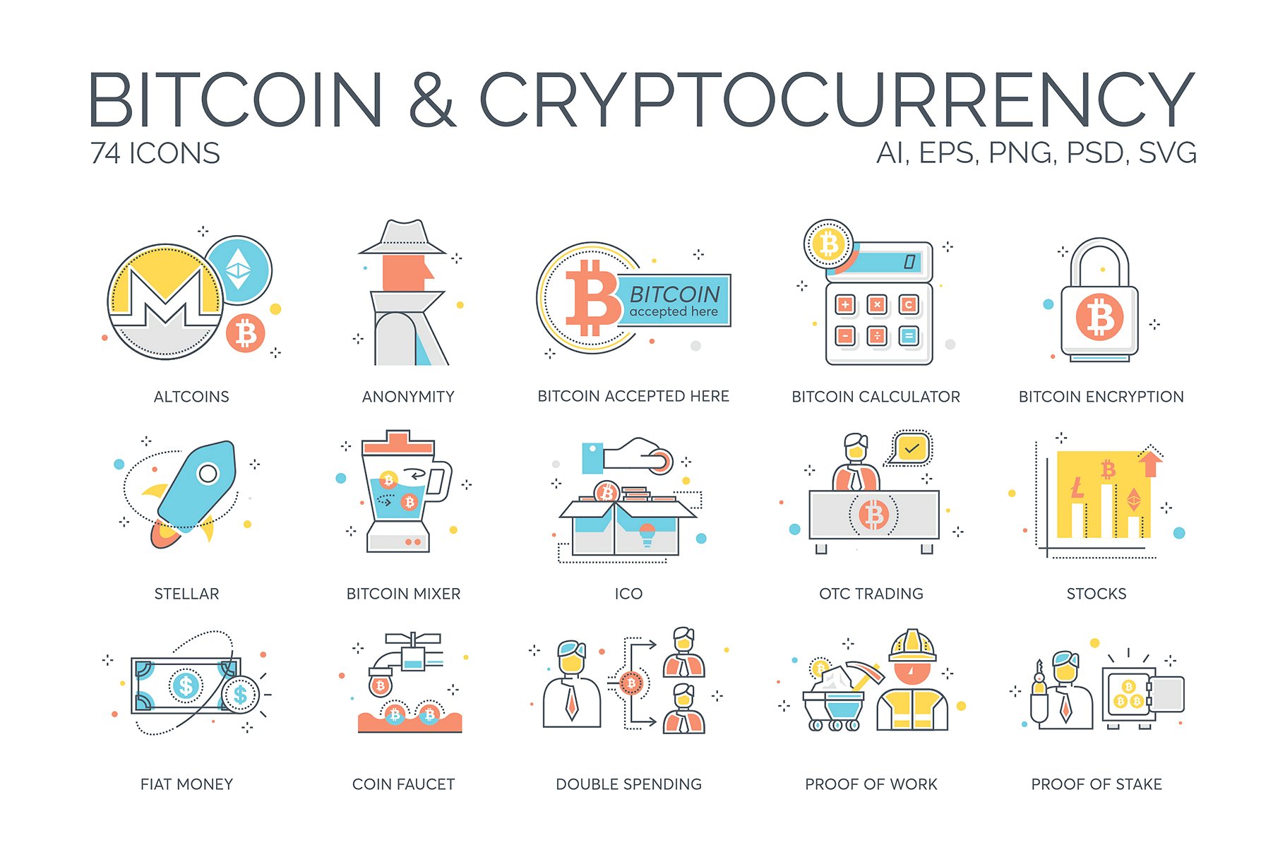 A cryptocurrency and bitcoin flat icon set