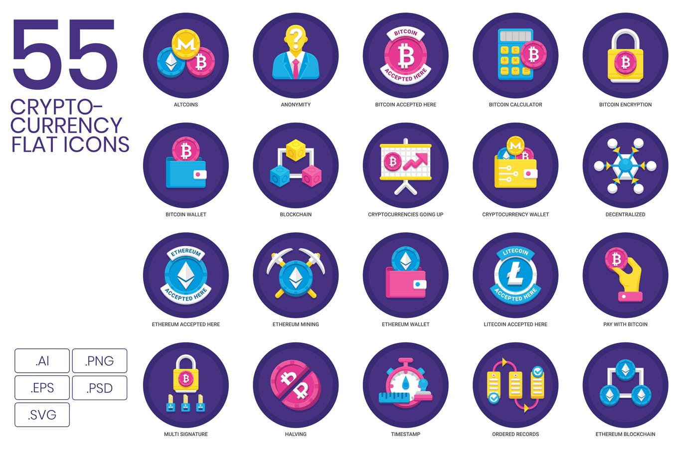 A big set of cryptocurrency flat icons