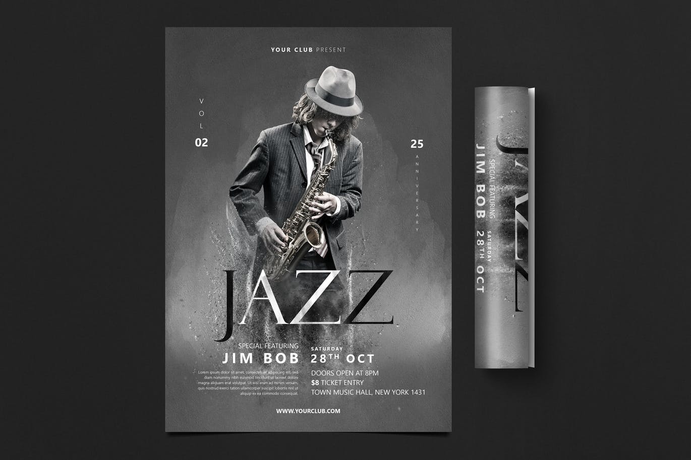 A jazz music flyer template in black and white