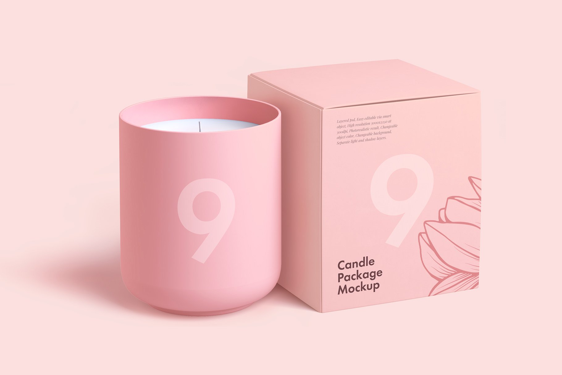 Candle with box on pink background mockup
