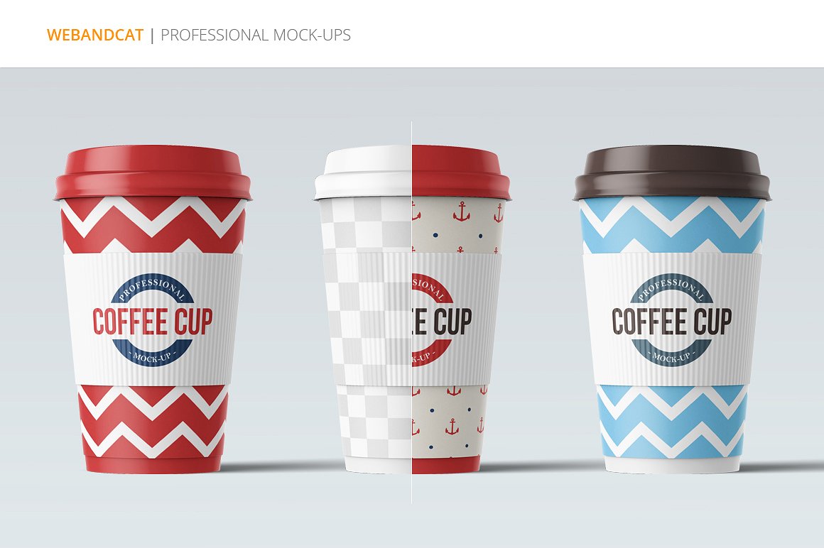 Three colorful coffee cups mockup