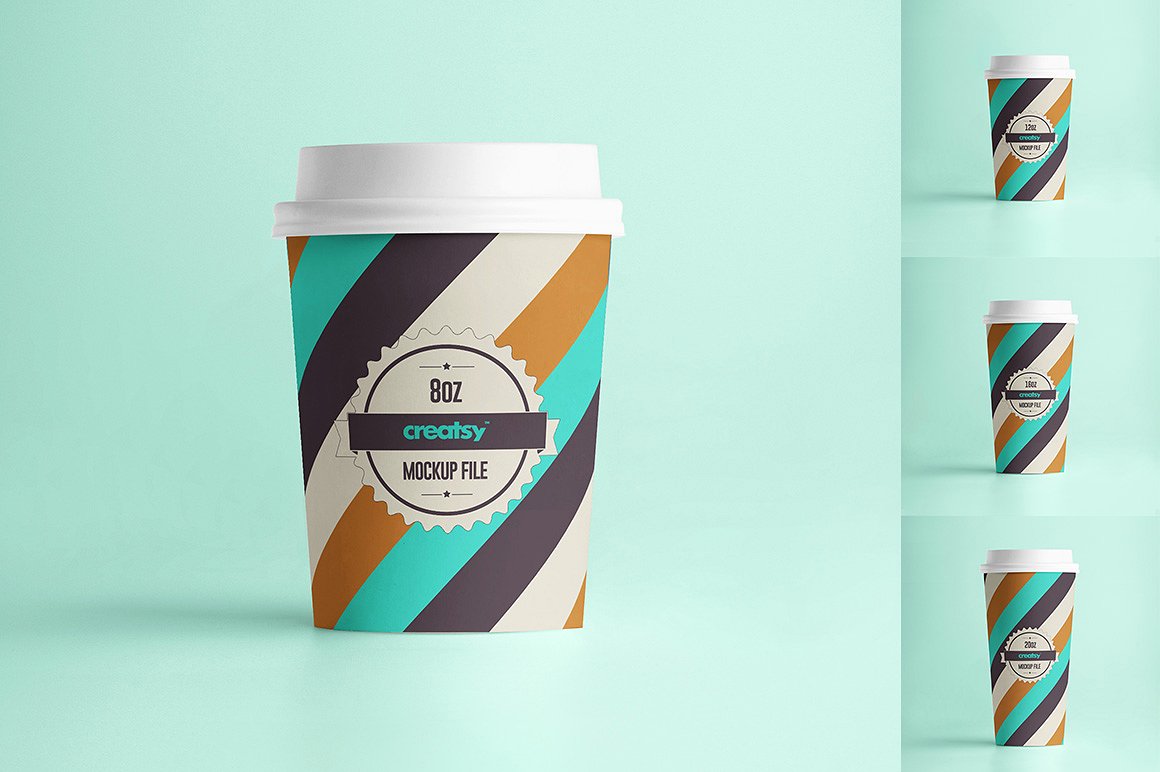 A set of coffee cups on green background mockup