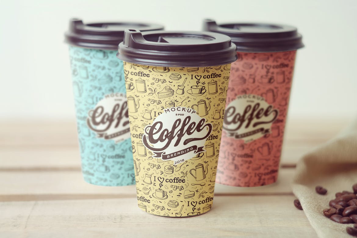Three coffee cup branding mockup