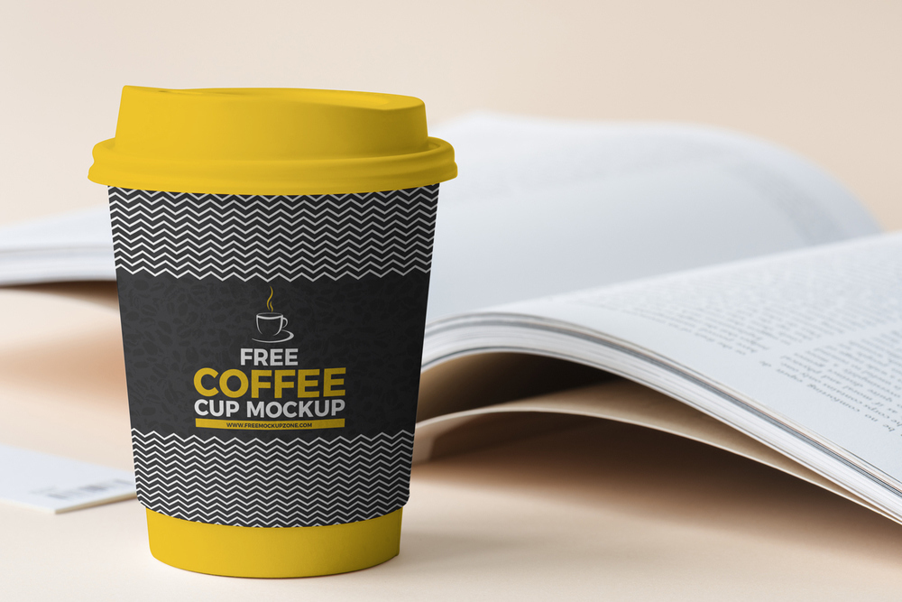 Free book and coffee cup mockup
