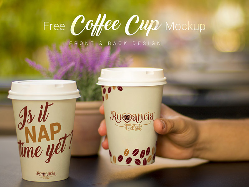 Romantic coffee cup mockup with a hand