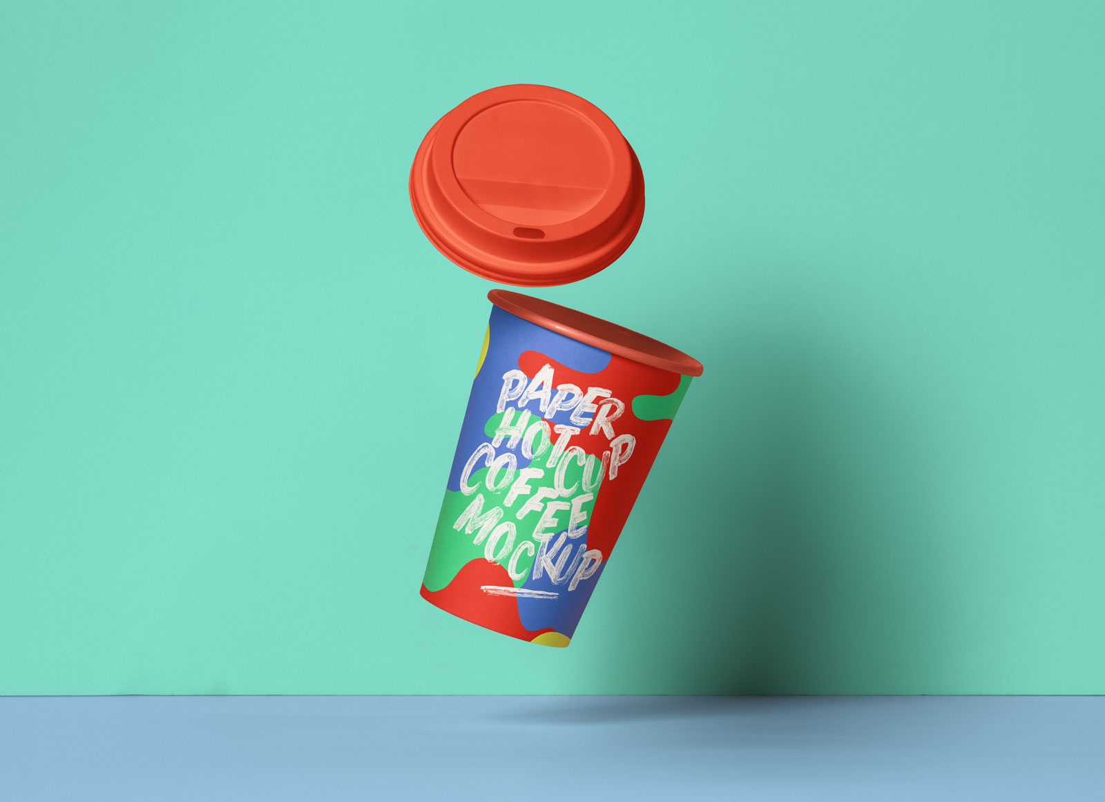 Floating coffee cup with opened red cap mockup