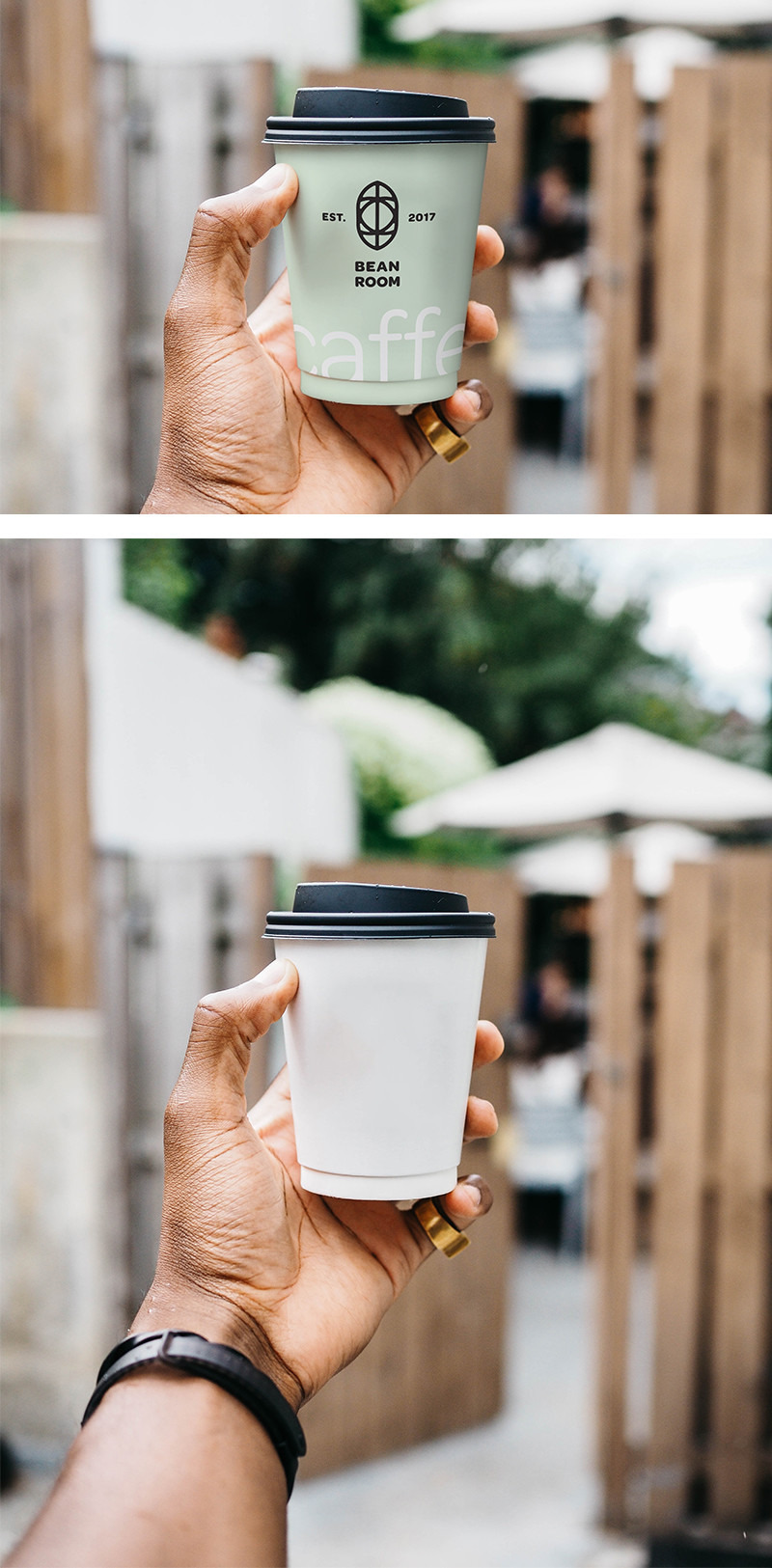 Hand holding coffee cup mockup in the outdoor