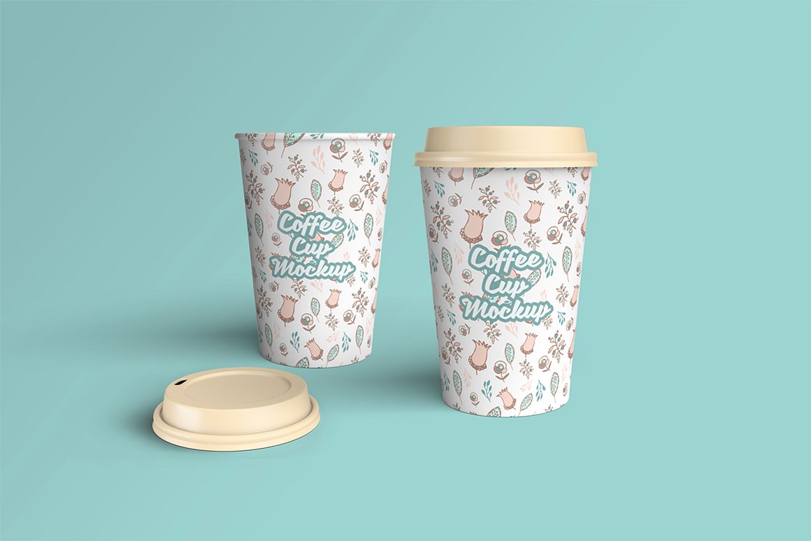 Two perfect coffee cups on green background mockup