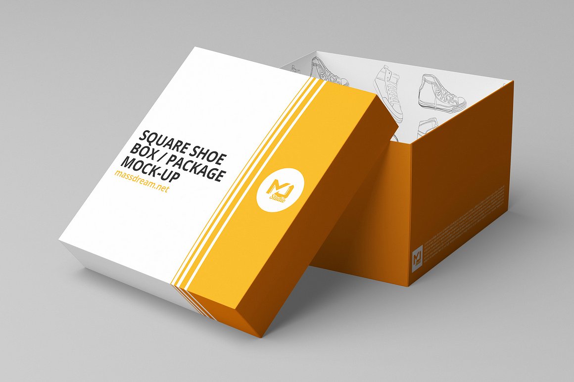 A square shoe box package mockup