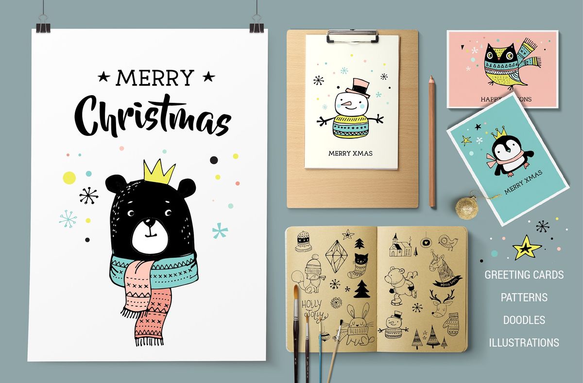 Merry christmas greetings and doodles for designers