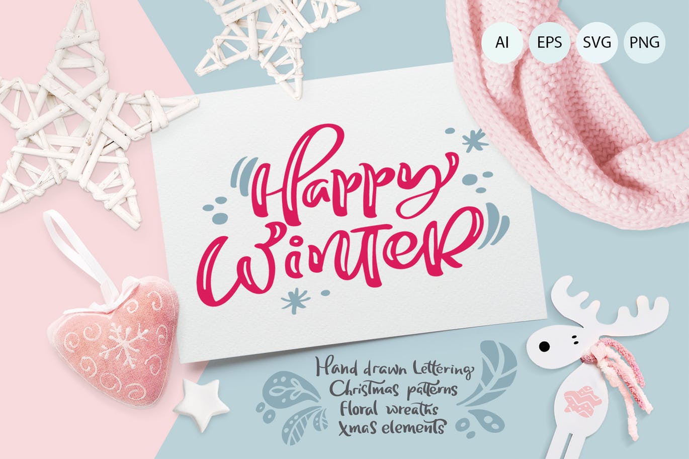 Hand lettering, christmas patterns, wreaths and elements