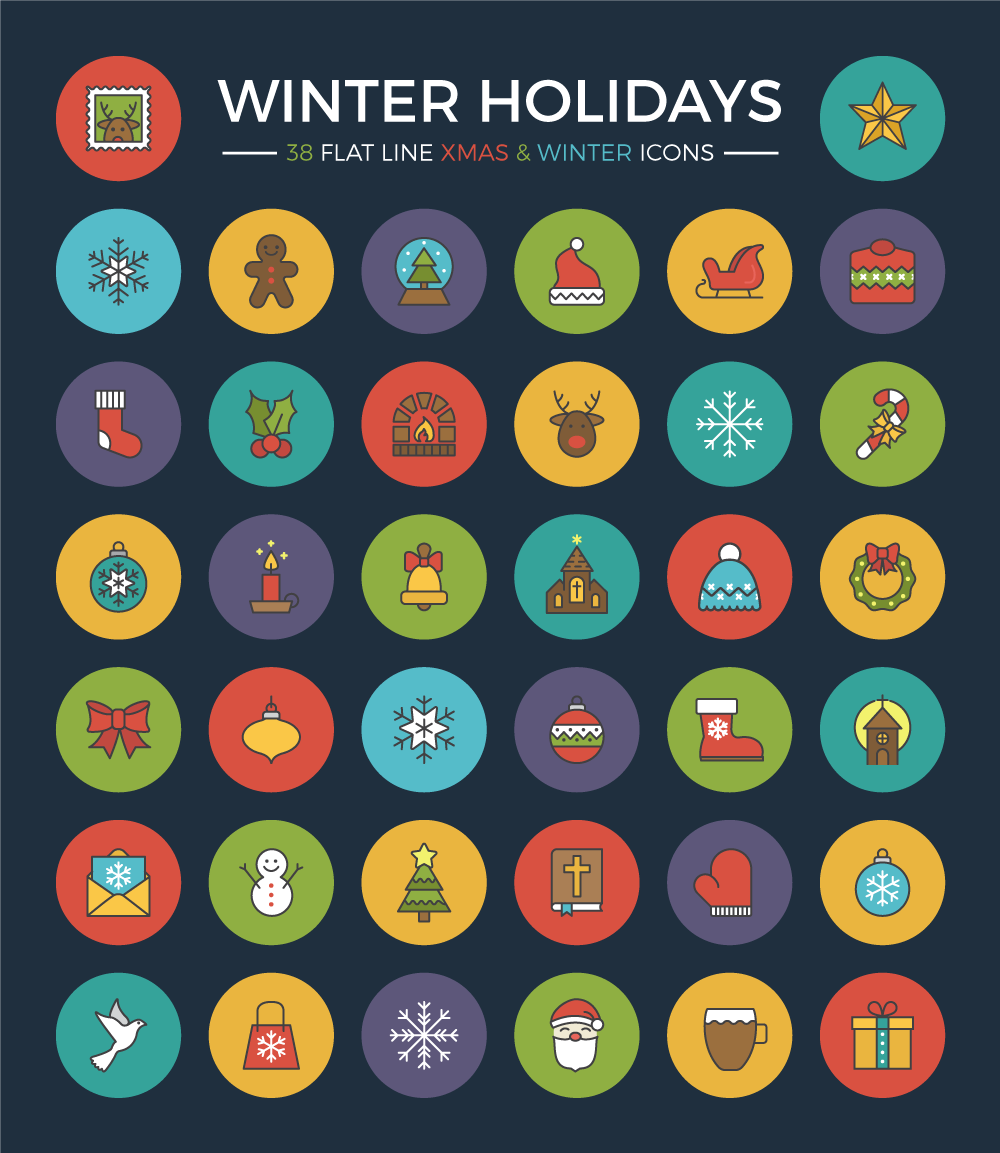 Winter holiday flat icon set