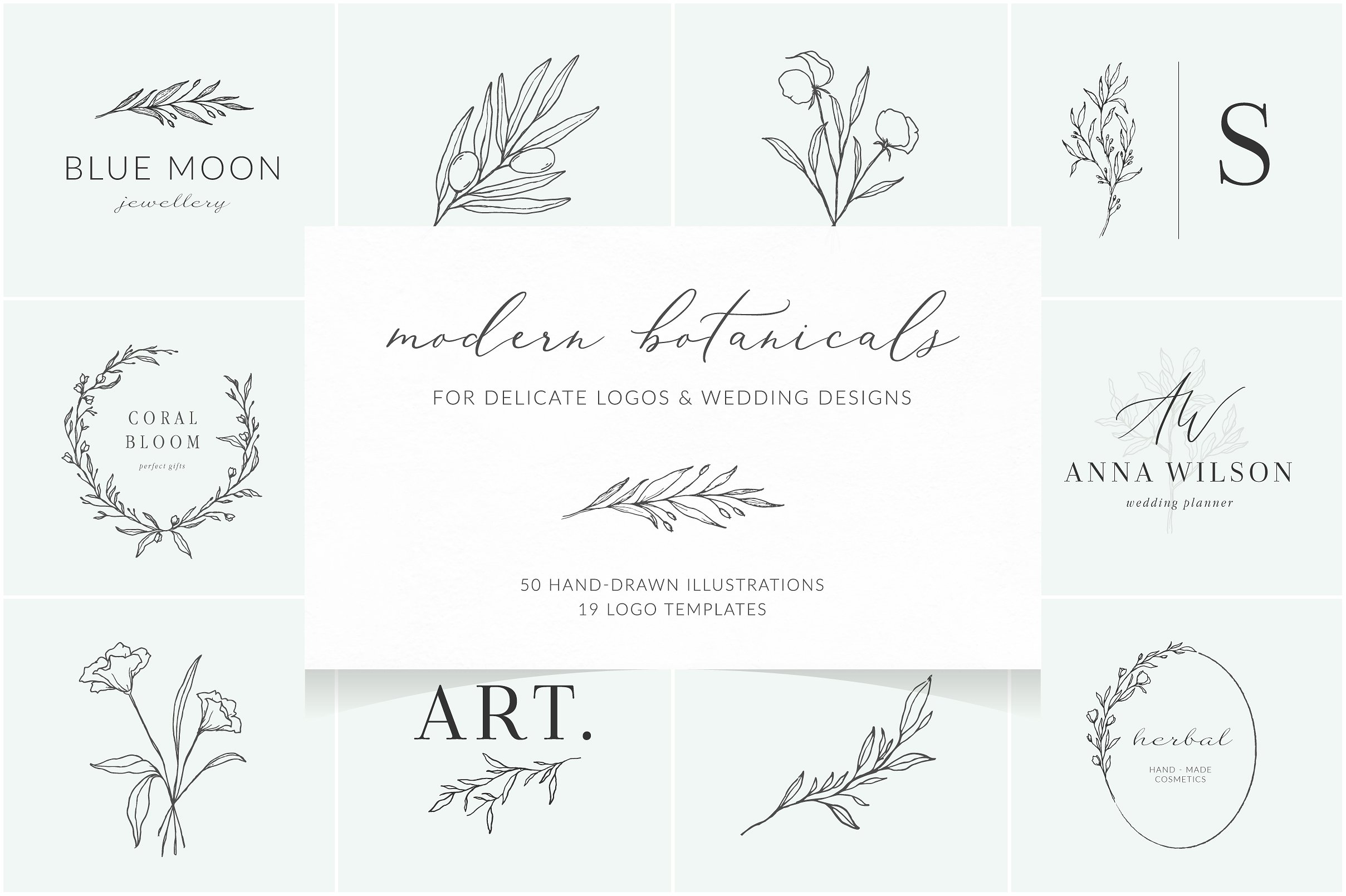 Modern botanical logos and illustrations