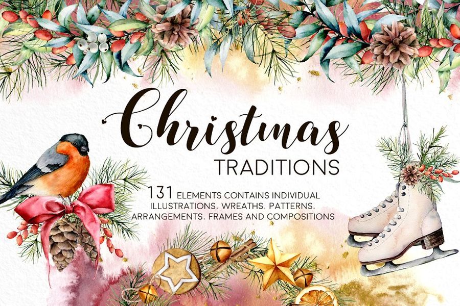 Christmas illustrations, wreaths, patterns and other elements