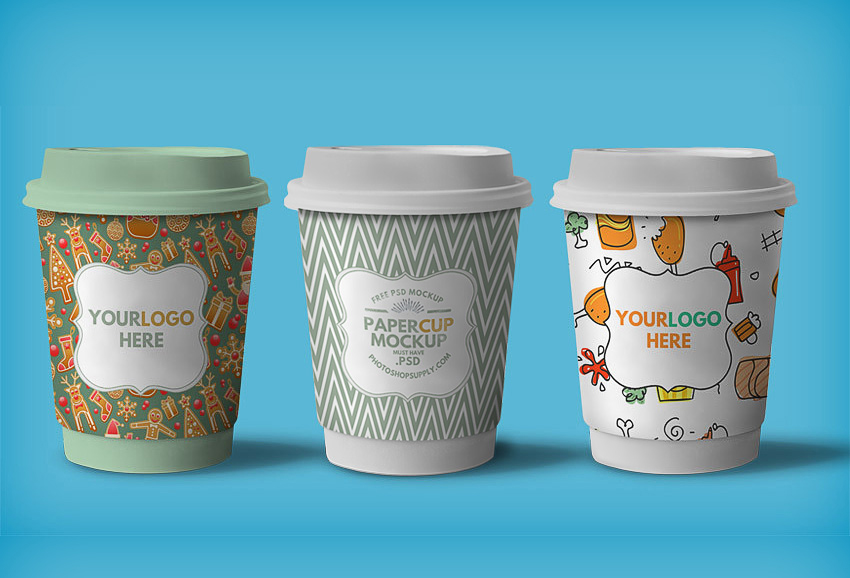 Three paper coffee cup mockup on blue background