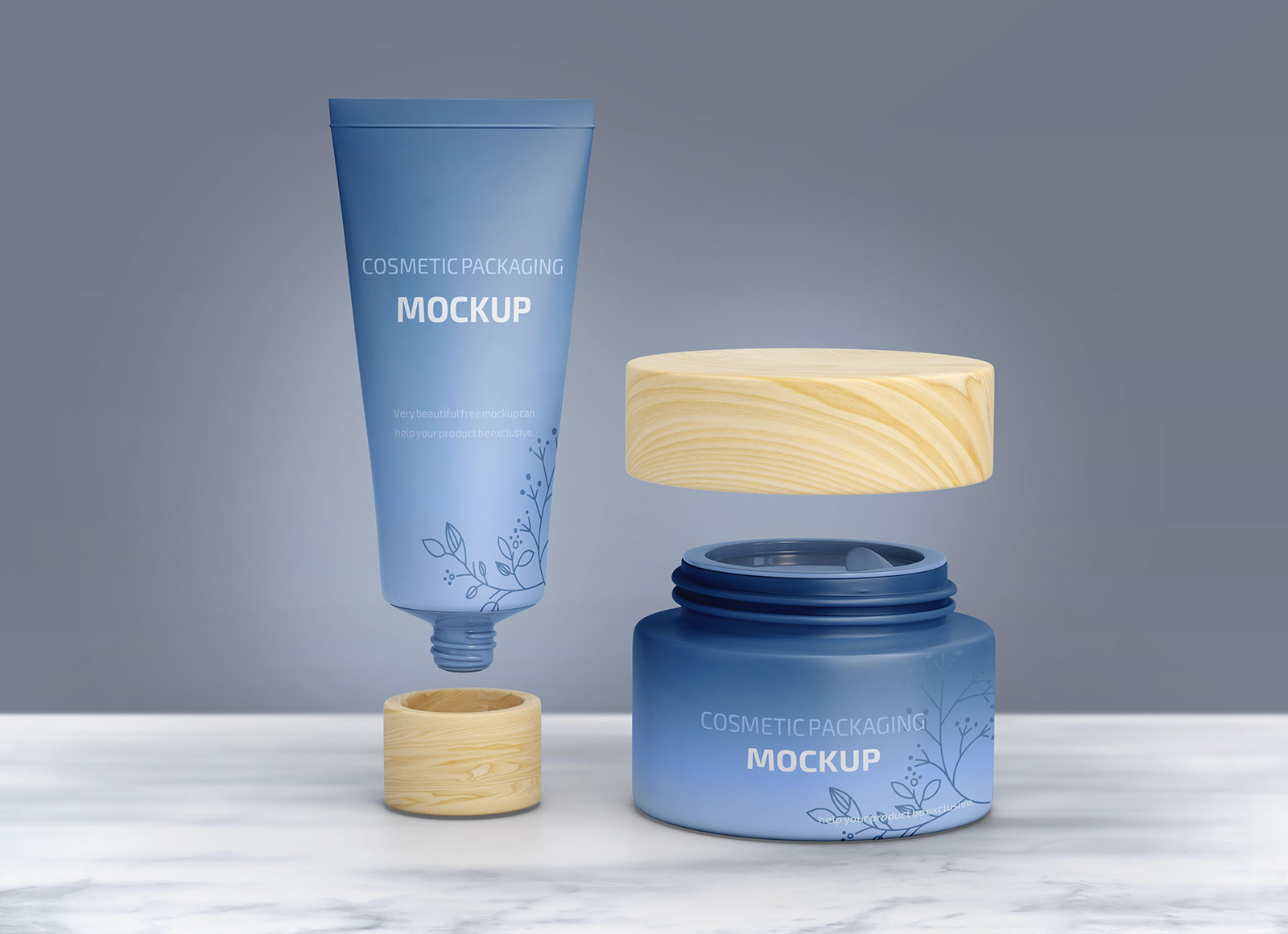 Free floating cosmetic tube and jar mockup