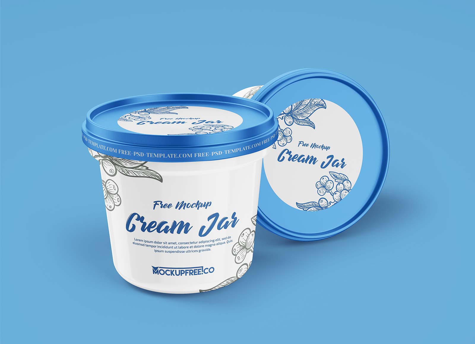 Free cream jar mockup on a blue background