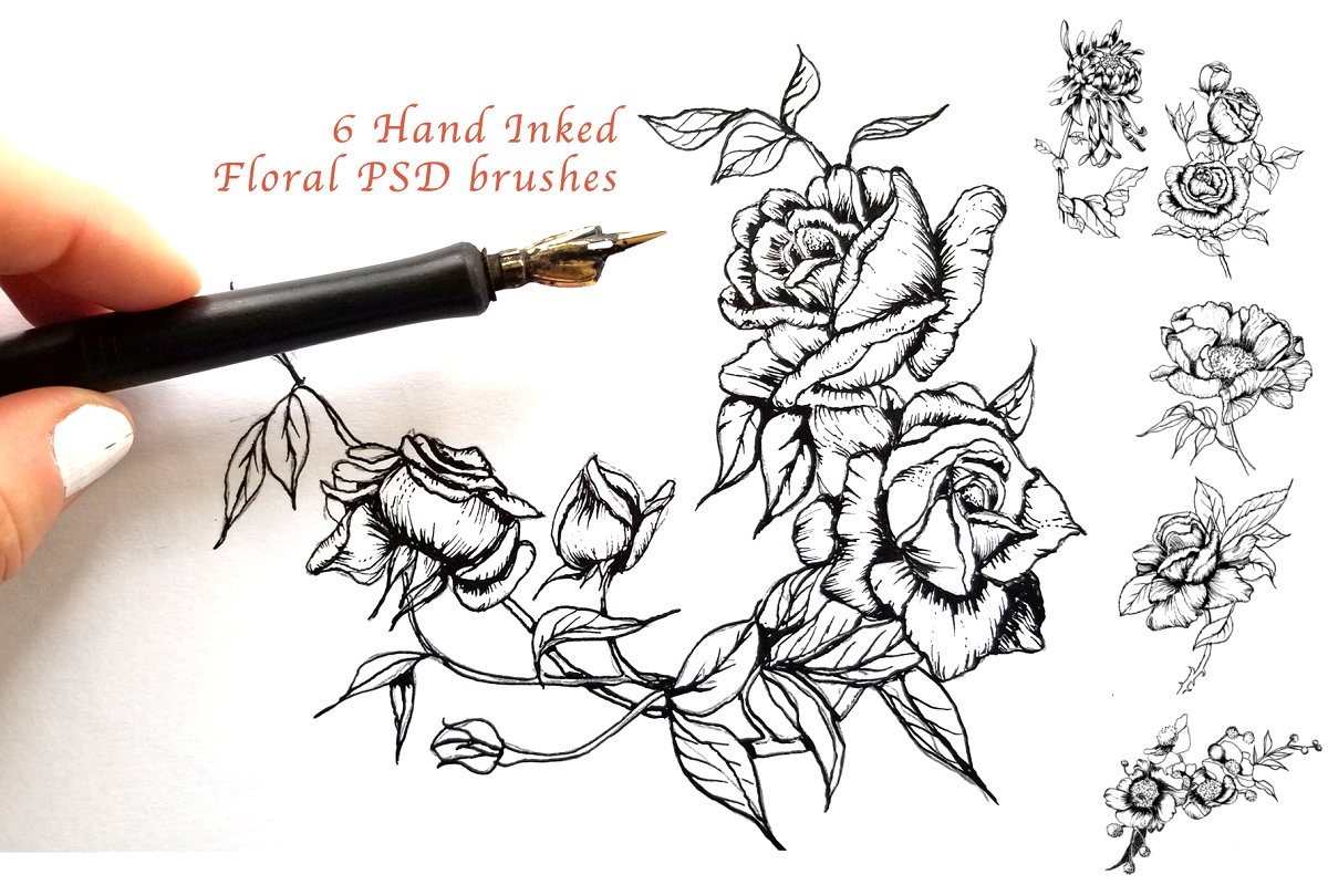 A hand inked floral photoshop brushes