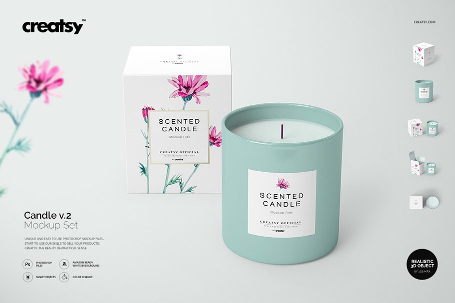 Amazing candle and box with flowers mockup