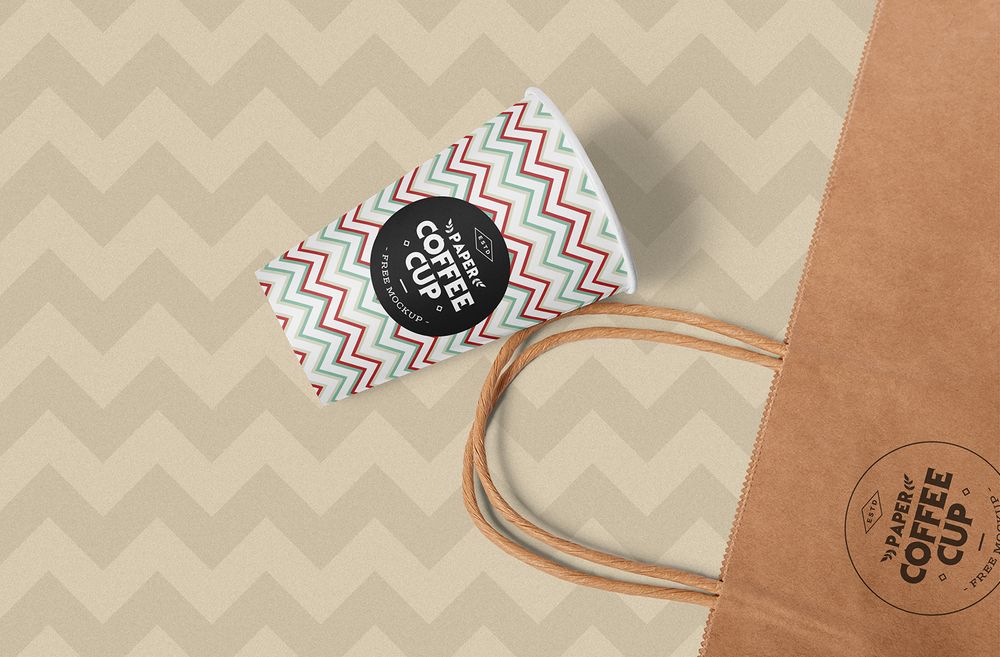 Free paper coffee cup and craft bag mockup